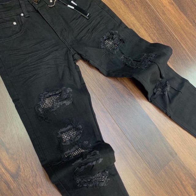 ⚡️FREE SHIP⚡️Quần bò AIMI RÍ Nam đen rách đính đinh_Quần Jean Nam ống côn rách đính đá New