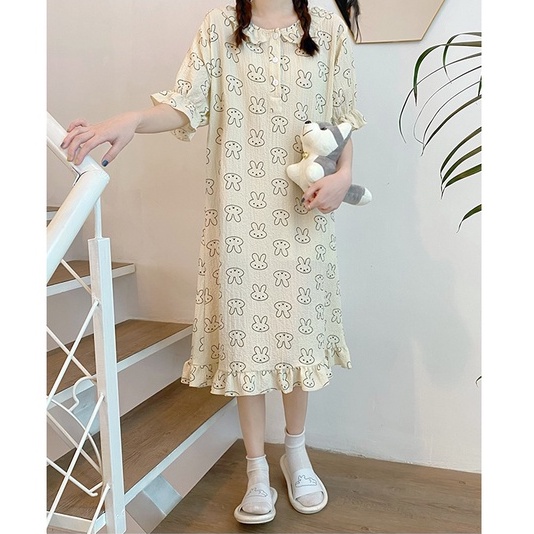 Váy ngủ Pijama nữ cổ bèo mặc nhà họa tiết dễ thương, set váy ngủ chất đũi mát họa tiết cao cấp Hàn Quốc
