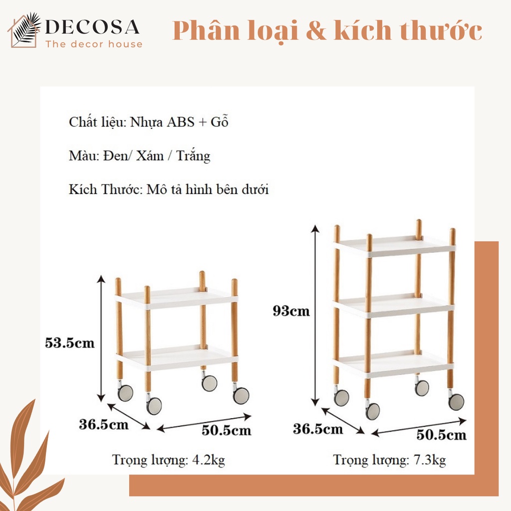 Kệ gỗ đa năng 2 tầng có bánh xe hợp kim DECOSA