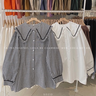 Áo sơ mi thô cổ bèo viền đen nhún form oversize 210