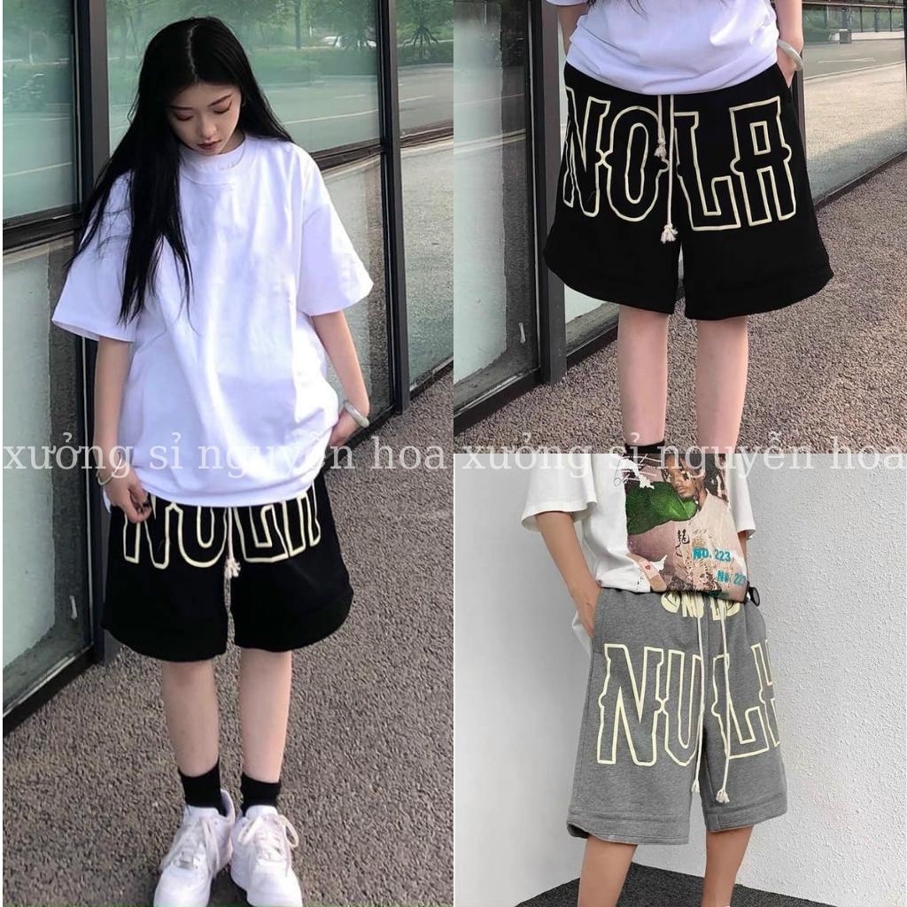 Quần đùi lửng in chữ Nola form dáng rộng unisex nam nữ mặc được 2 màu đen xám basic xưởng sỉ nguyễn hoa