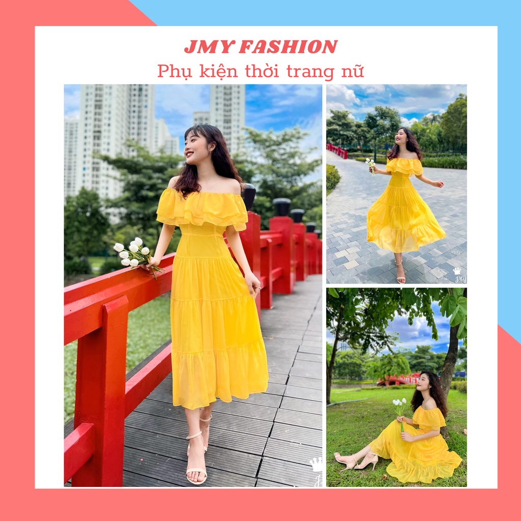 V110 Váy đầm maxi trễ vai vàng cam tươi sáng đi biển siêu xinh - Modish and Chic (MC)
