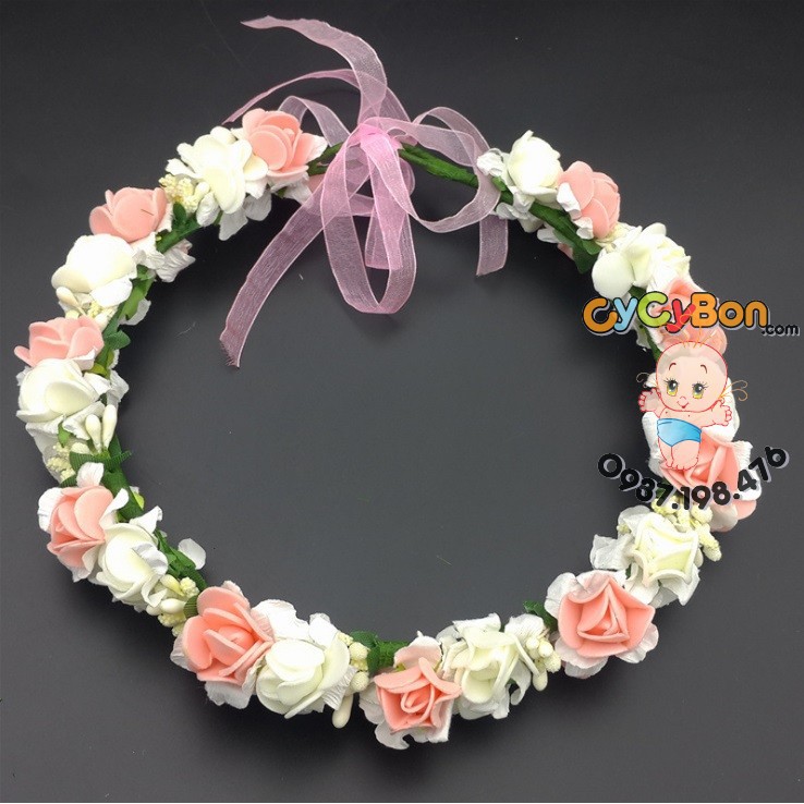 Vòng Hoa Đội Đầu Cho Bé Gái Màu Hồng Cam Phối Trắng Nhụy Trắng - Dạng Dây Cột Free Size Theo Mọi Cỡ Đầu !