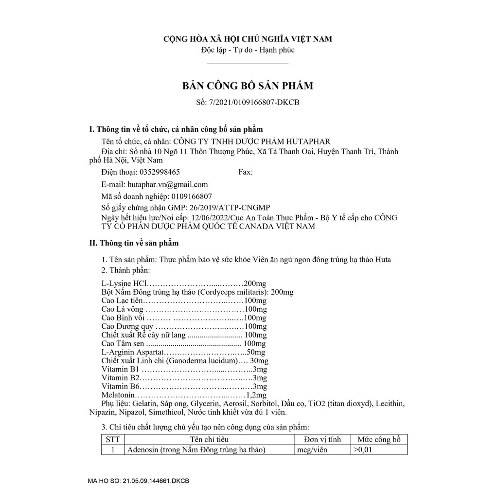 Viên ăn ngủ ngon Đông Trùng Hạ Thảo HUTA bồi bổ cơ thể hộp 2 lọ 60 viên