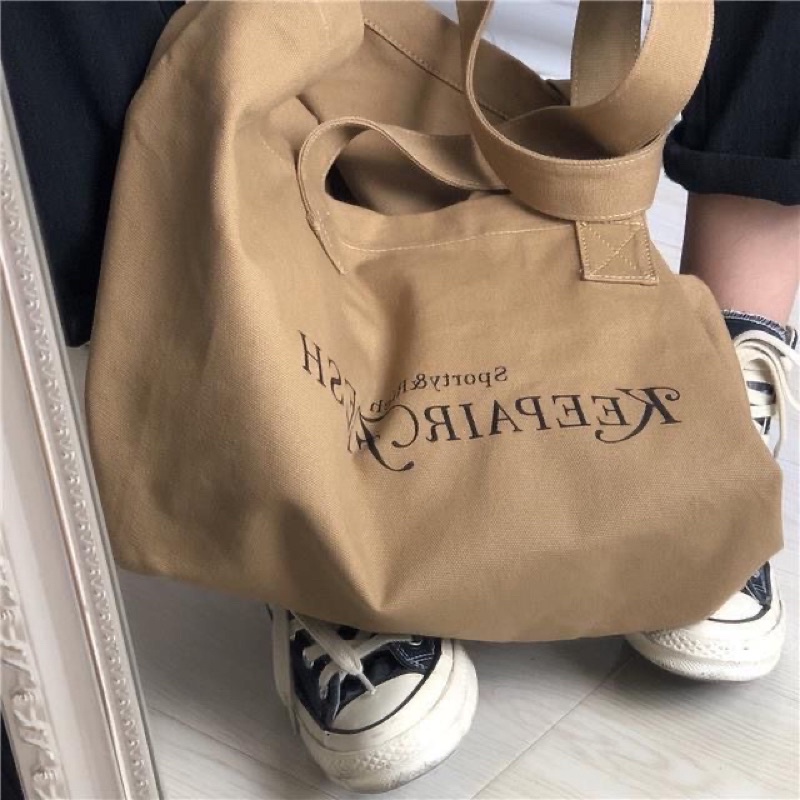 Túi Tote vải canvas màu Nâu nam nữ unisex, Túi đeo vai in chữ KEEP AIR FRESH phong cách Ulzzang