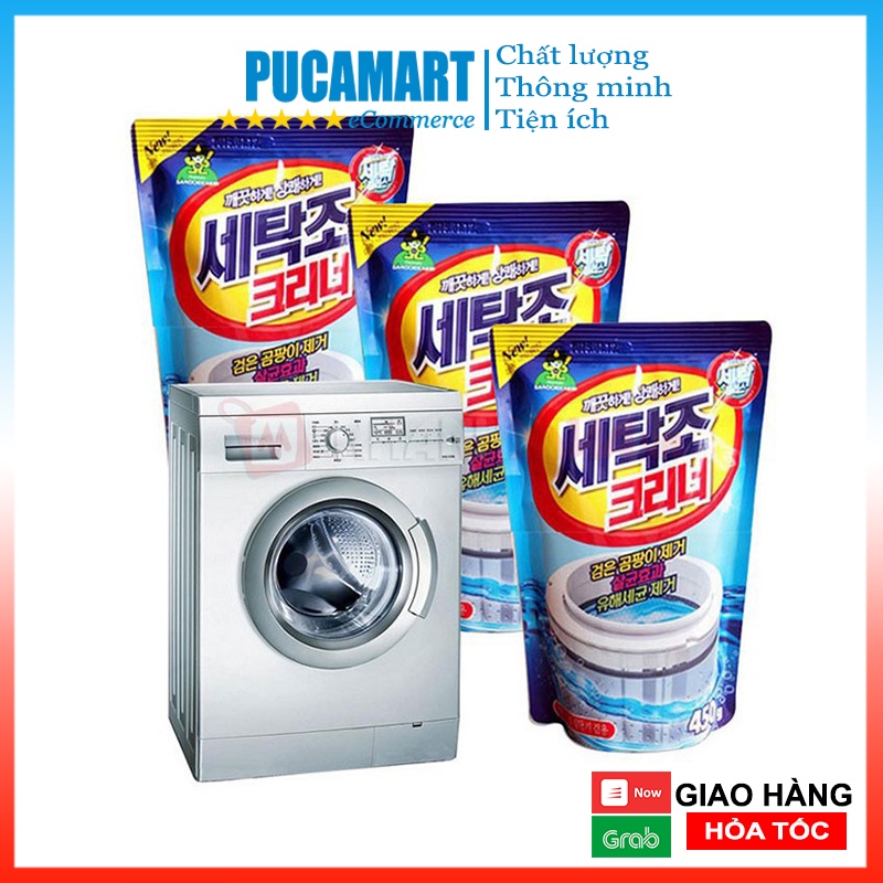 Túi Vệ Sinh Lồng Máy Giặt Hàn Quốc PUCA, Bột Tẩy Lồng Máy Giặt Sandokkaebi 450g, Vệ Sinh Làm Sạch Máy Giặt