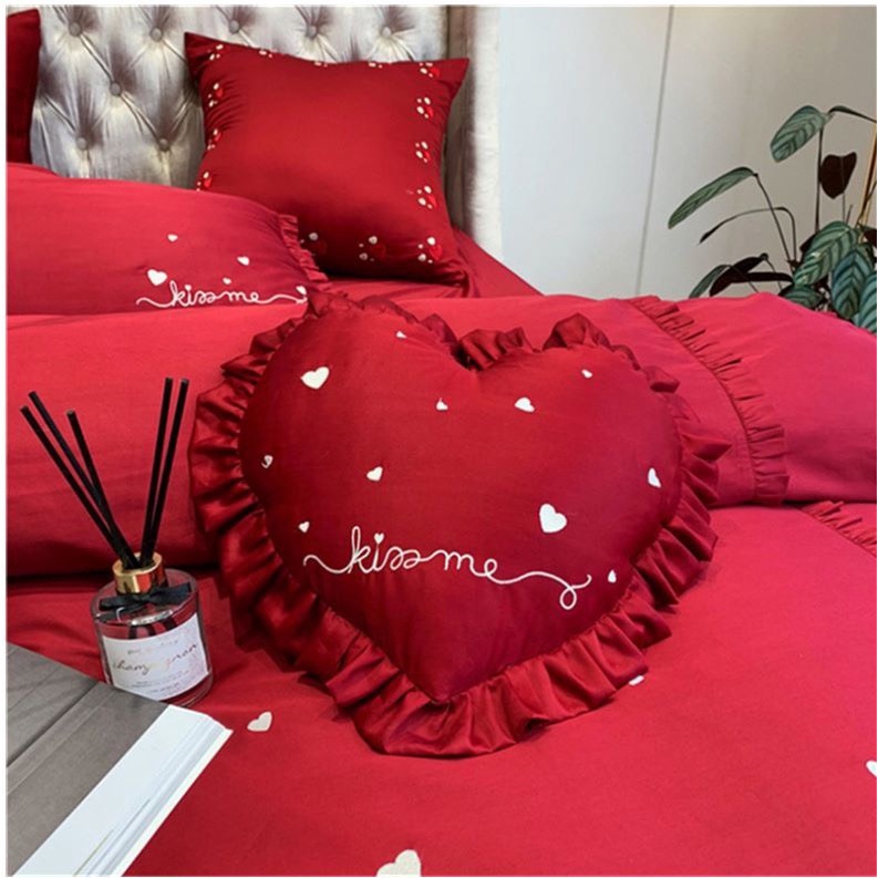 Bộ Chăn Ga Gối Lụa cưới  Kiss Me nơ bông Hàng Cao cấp Siêu Đẹp