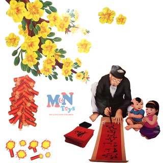 Decal (Sticker) Ông Đồ hoa mai dán trang trí Tết