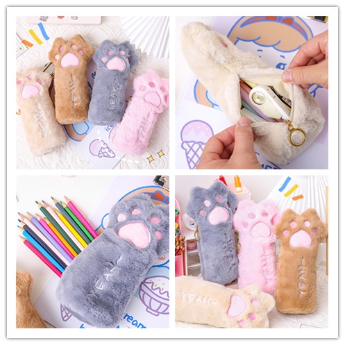 Túi Đựng Bút/ Mỹ Phẩm Hình Chân Mèo Phủ Lông Dễ Thương Sức Chứa Lớn Tiện Dụng Cho Trường Học/ Văn Phòng