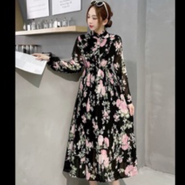 #1848   Đầm siêu cổ tích cổ đứng bèo nhún xếp ly voan hoa trang nhã khí chất váy dài xòe rộng 6 màu