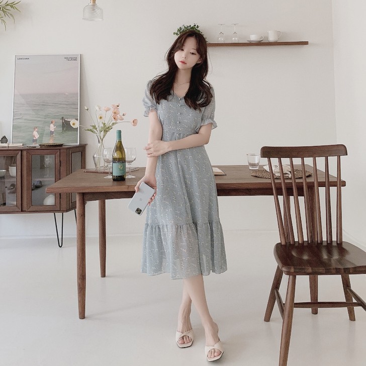 Đầm Tay Ngắn Cổ Chữ V In Hoa Phong Cách Hàn Quốc 43824