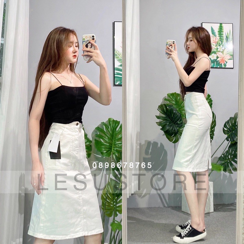 ẢNH TỰ CHỤP Chân váy jeans midi 2 túi xéo | BigBuy360 - bigbuy360.vn