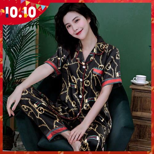 Bộ đồ ngủ tay ngắn chất liệu lụa mát phong cách Hàn Quốc thời trang thu đông cho nữ