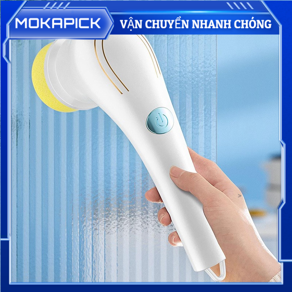 Mokapick Bàn chải làm sạch điện Máy chà sàn quay cầm tay không dây với 5 đầu bàn cho gia đình