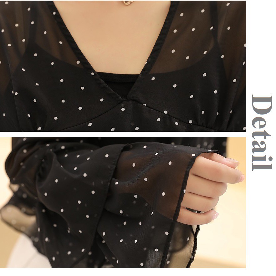 Áo voan kiểu cổ V tay dài với họa tiết chấm bi điệu đà nữ tính | BigBuy360 - bigbuy360.vn