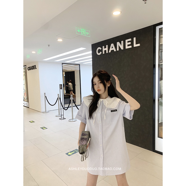 Đầm Sơ Mi Cổ Búp Bê Họa Tiết Kẻ Sọc Thiết Kế Mới Thời Trang Mùa Hè Dành Cho Nữ