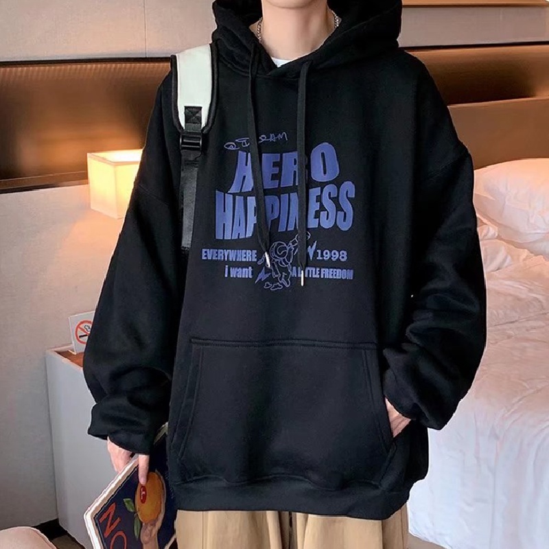 Áo hoodie tay dài dáng rộng in chữ phong cách Nhật Bản thời trang mùa đông cho nam size M-3XL