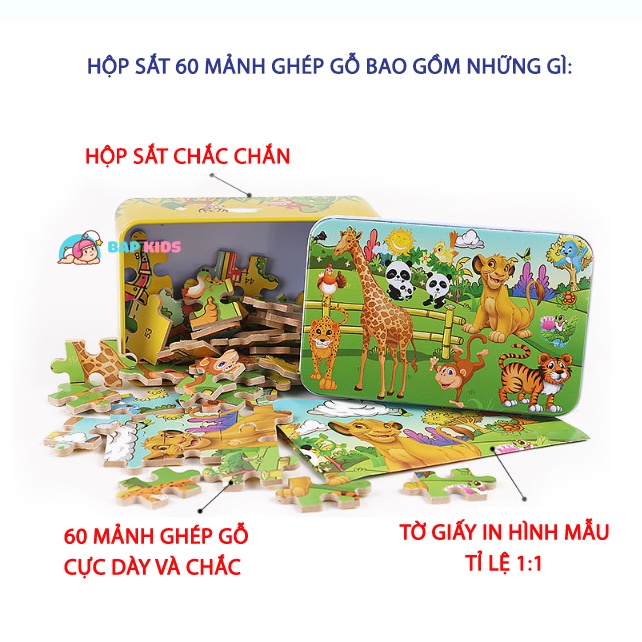 Đồ chơi ghép hình 60 mảnh hộp sắt. Tranh kích thước 14 x 22.5 cm, Đồ chơi trẻ em lắp ráp tranh ghép gỗ BAPKIDS