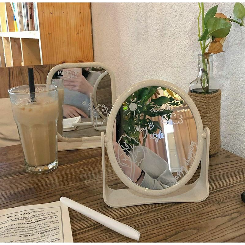 Gương mini để bàn / Tai Mèo Gấu Để Bàn Soi 2 Mặt ,Gương Trang Điểm Xoay 360 Độ,Gương Lúa Mạch Vân Đá