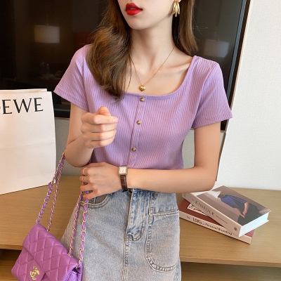 Áo Thun Ngắn Tay Cổ Vuông Phong Cách Retro Thời Trang Mùa Hè Mới Dành Cho Nữ