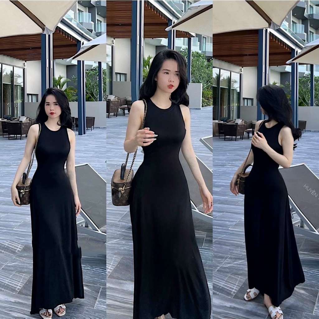 Váy nữ dáng dài vải COTTON trơn mát - Đầm suông sát nách tôn dáng tiểu thư thanh lịch màu đen