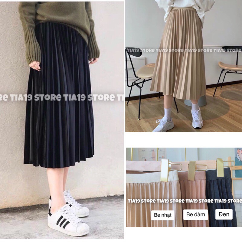 CHÂN VÁY MIDI XẾP LY DÀI LOẠI 1 ( ẢNH THẬT)
