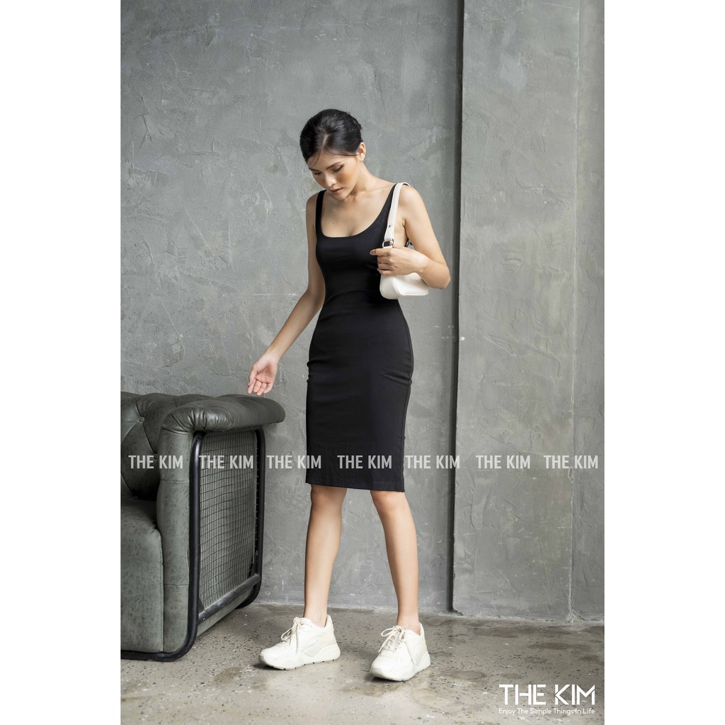 Váy body trơn 2 dây cổ U chất cotton dài ngang gối , đầm ôm basic nữ The Kim V103 | BigBuy360 - bigbuy360.vn