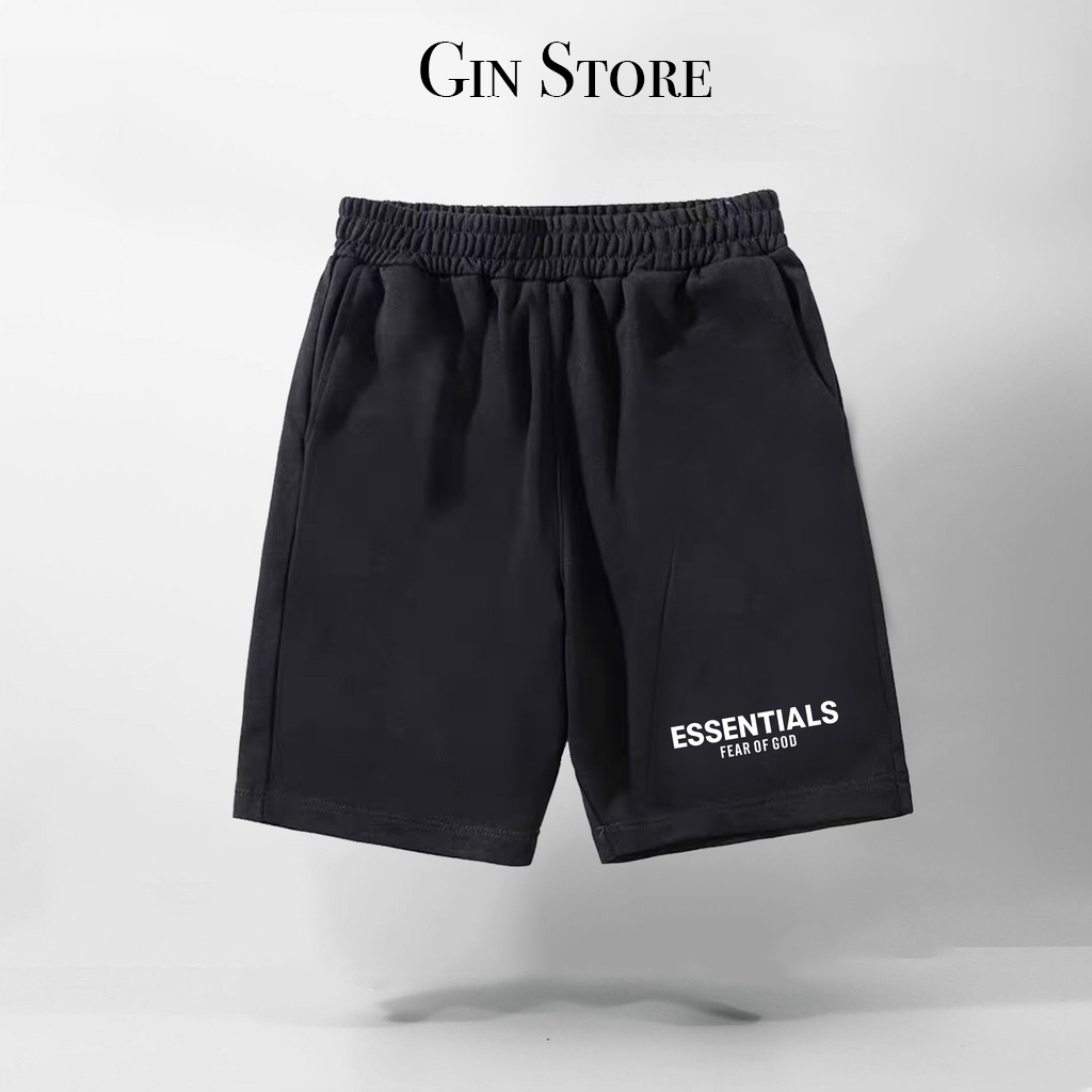 Quần Short ESSENTIALS Fear of God lưng thun Nam Nữ, chất vải Poly 2 da, quần đùi thể thao, lửng cộc ngắn đen form rộng