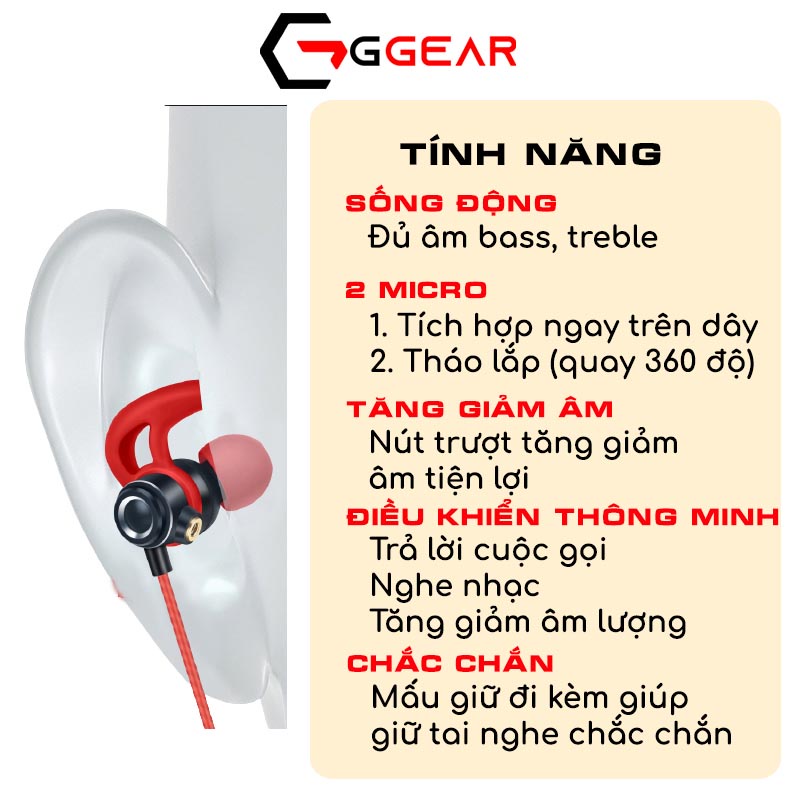 Tai nghe nhét tai có dây gaming Ggear EG3 chống ồn có mic âm thanh siêu bass cho game thủ