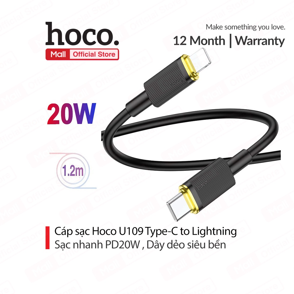 Cáp sạc nhanh PD20W Hoco U109 Type-C dành cho IP10/11/12 dây dẻo cho Iphone dài 1.2M