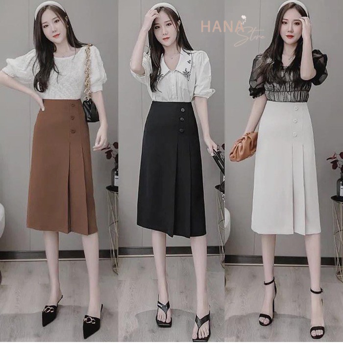 Chân váy xếp ly dáng dài màu đen phối 3 cúc - Chân váy dài qua gối lưng cao xếp ly mặc đi làm công sở đi chơi siêu xinh | BigBuy360 - bigbuy360.vn