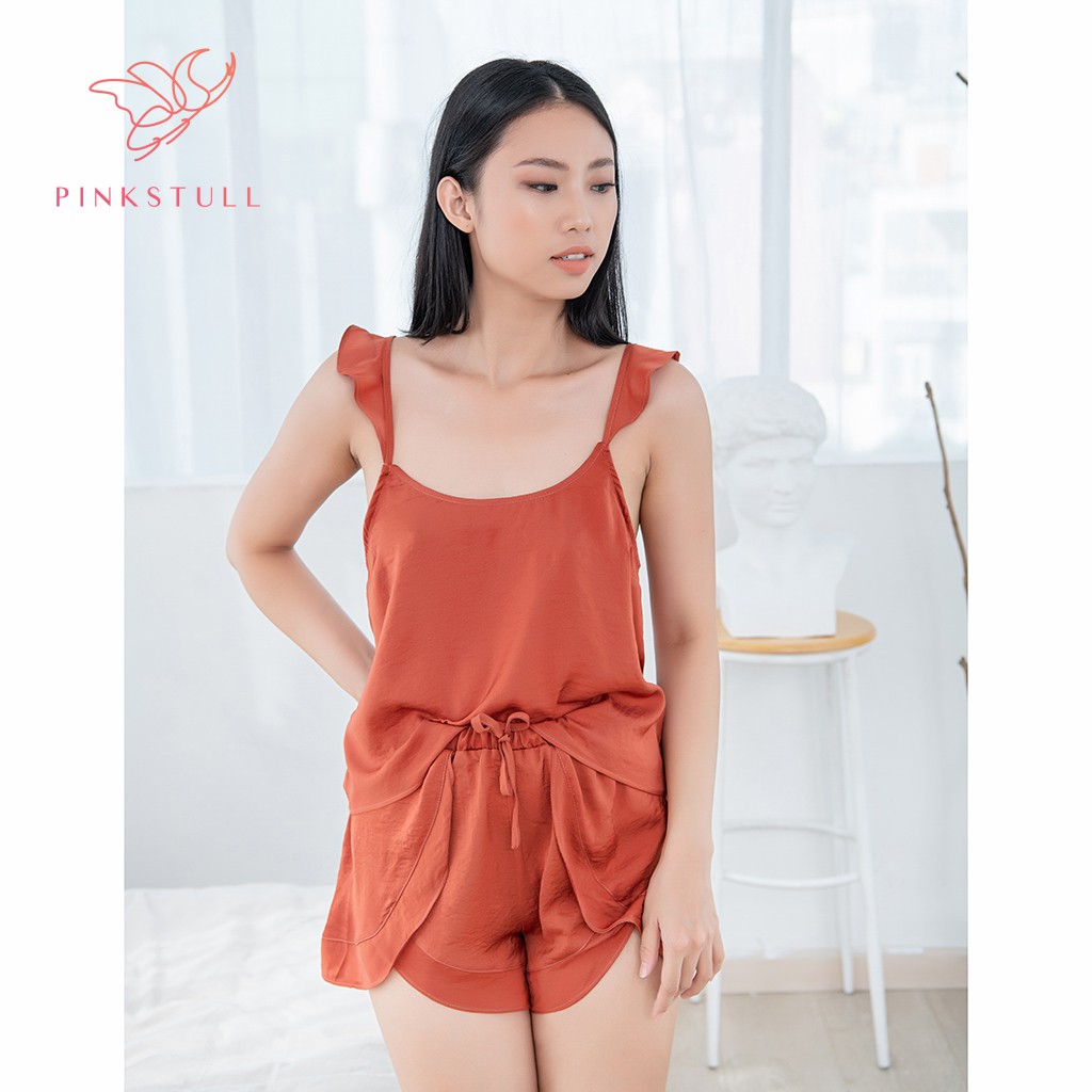 Bộ đồ ngủ dây ngắn Pink Stull bèo vai cam đất | BigBuy360 - bigbuy360.vn