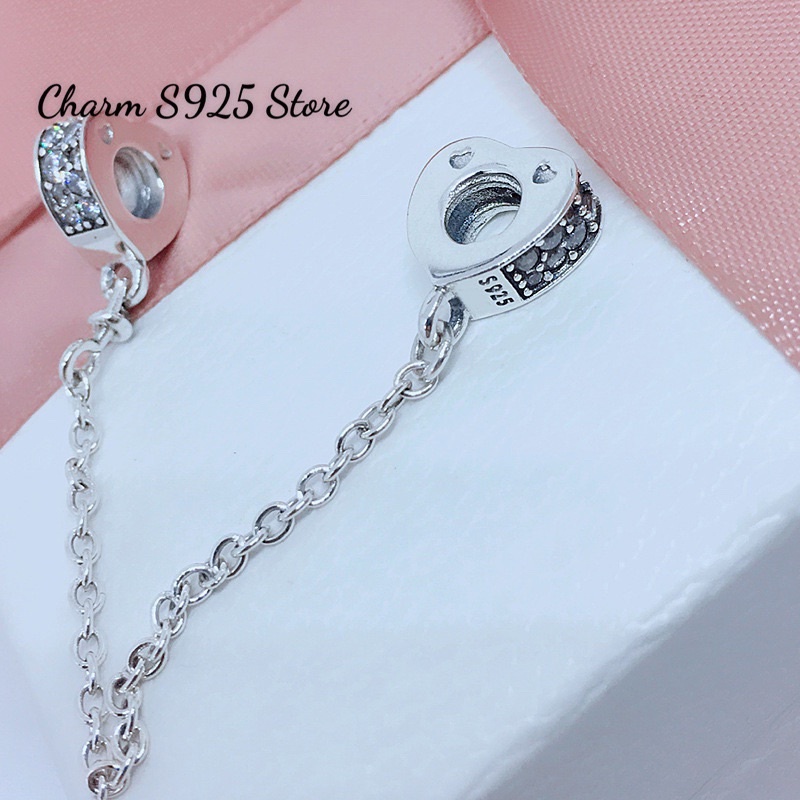 CHARM PAN ALE KHOÁ CHẶN XÍCH TIM ĐÍNH ĐÁ TRẮNG BẠC S925 HÀNG CAO CẤP