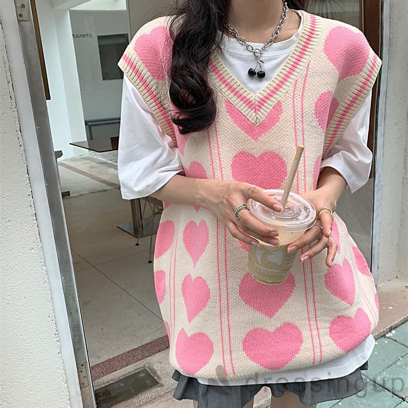Áo dệt kim sát nách dáng rộng in họa tiết trái tim màu sắc thời trang mùa đông cho nữ