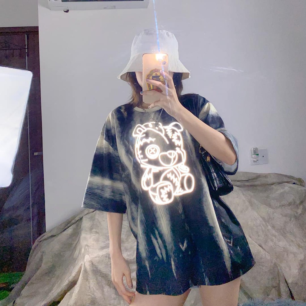 Áo thun tay ngắn unisex, màu loang, áo phông tay lỡ nam nữ 3D phản quang, 65% cotton, free size 40-75kg-yumi47store | BigBuy360 - bigbuy360.vn