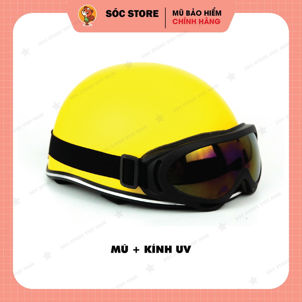 Mũ bảo hiểm nửa đầu chính hãng Sóc Store Vietnam màu vàng kèm kính UV, kính phi công, nón bảo hiểm 1 phần 2 freesize