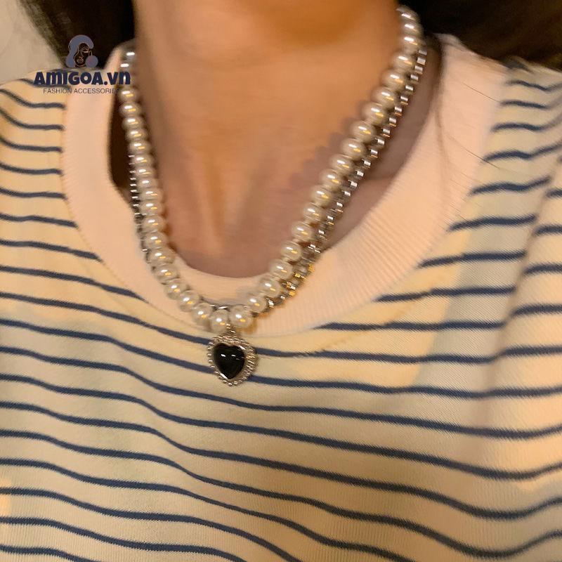 ✨✨Vòng cổ Hai Lớp Mặt Hình Trái Tim Màu Đen Đính Ngọc Trai Phong Cách Hip Hop Cổ Điển Thời Trang Cho Nữ