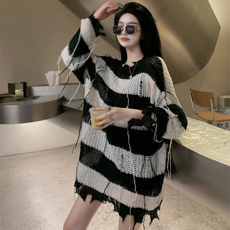 Áo Sweater Dệt Kim Cổ Tròn Dáng Rộng Phối Tua Rua Thời Trang Cho Nữ