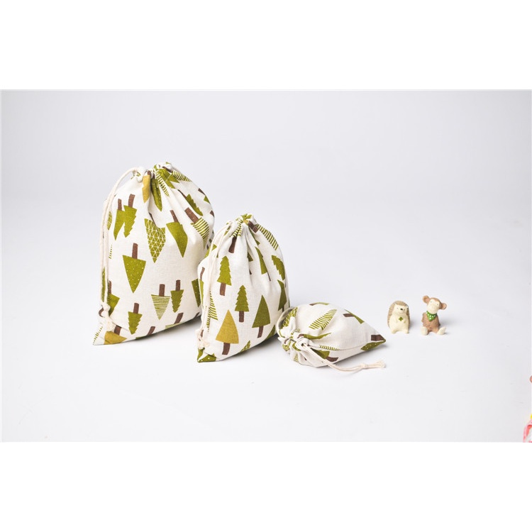 Túi dây rút vải lanh cotton in hình cây thông Noel