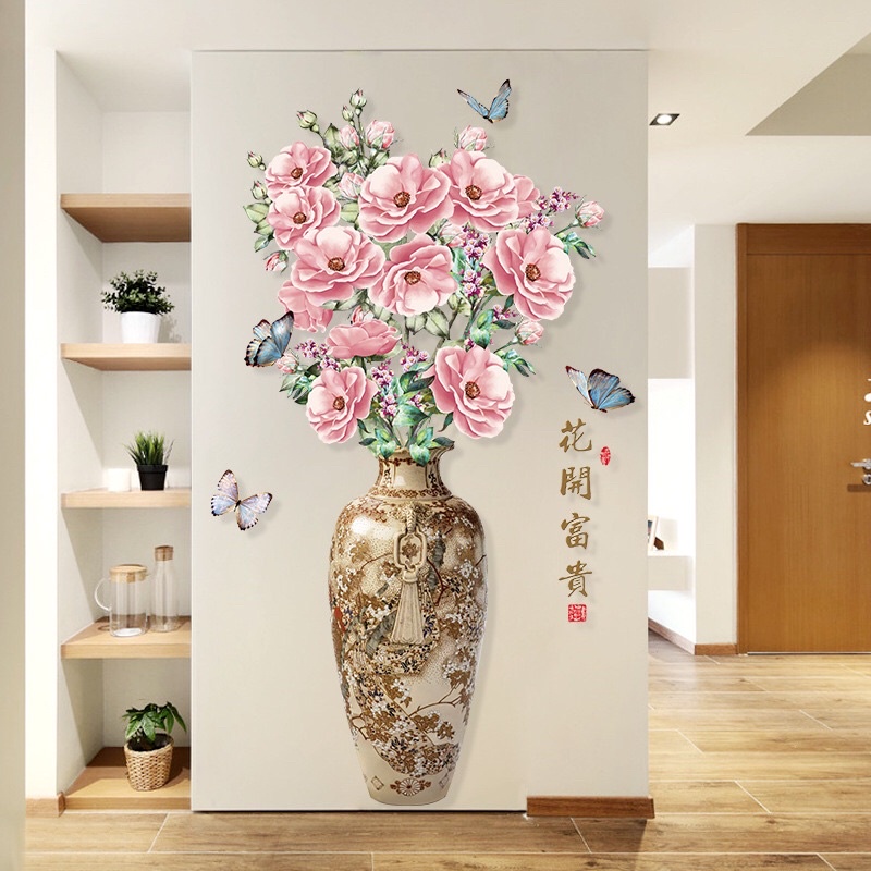 Decal dán tường bình hoa mẫu đơn trang trí phòng khách, sẵn keo dán