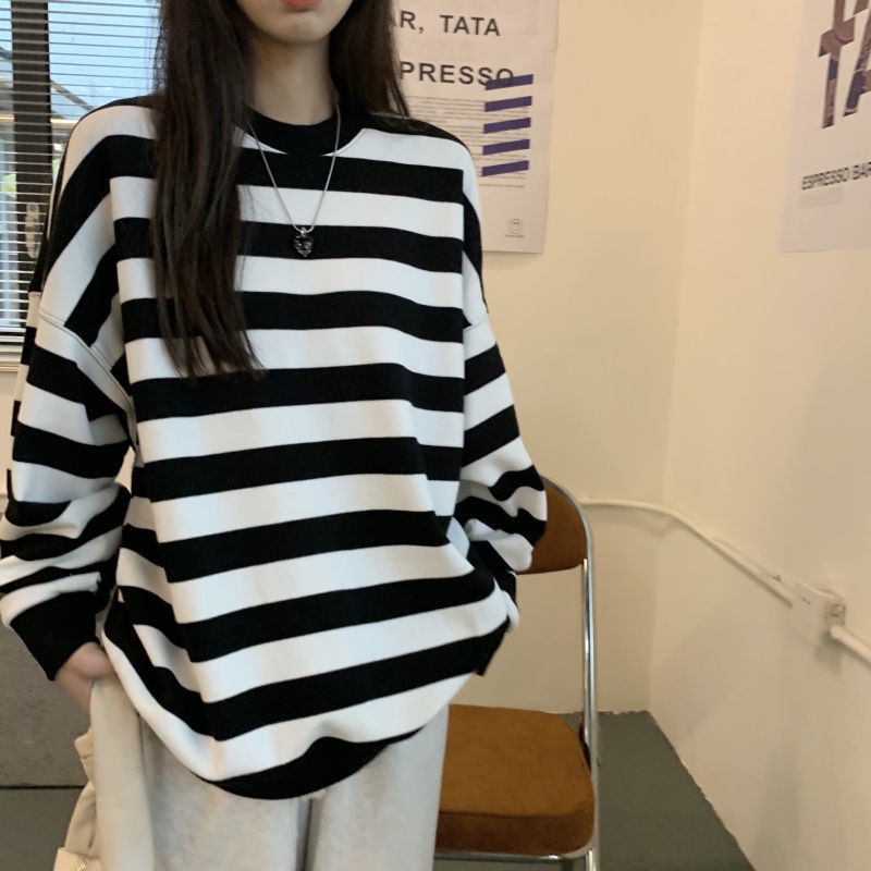 Áo phông dài tay kẻ sọc đen trắng cho nữ áo lười oversize rộng rãi phong cách Hàn Quốc thời trang học sinh mùa thu rộng rãi cho nữ