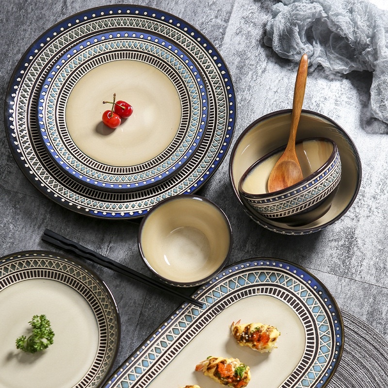 Lẻ Bộ chén bát đĩa sứ họa tiết thổ cẩm cao cấp sang trọng màu trầm xanh đen men ngà họa tiết khắc nổi Châu Âu