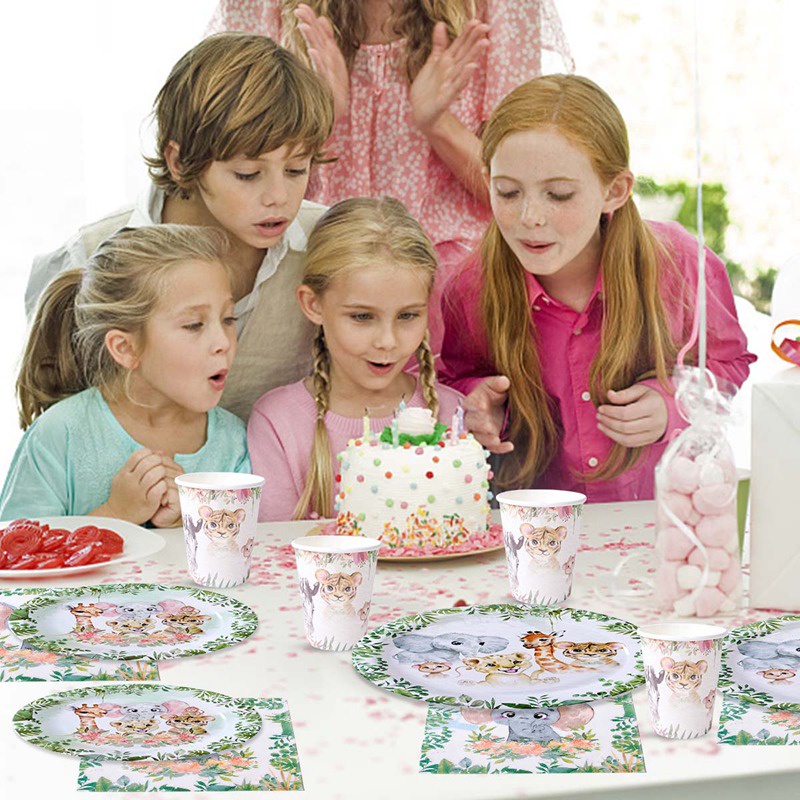 Bộ 25 Dụng Cụ Ăn Và Đĩa Giấy In Họa Tiết Động Vật Rừng Xanh Cho Em Bé