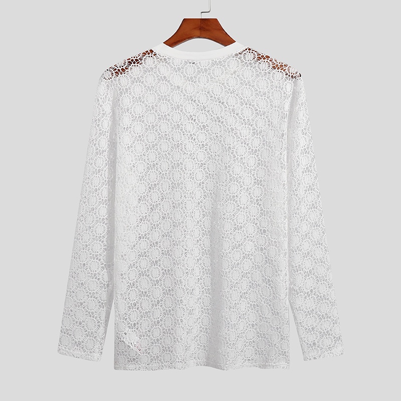 INCERUN Áo Thun Tay Dài Cổ Tròn Phối Ren Xuyên Thấu Thời Trang Cho Nam