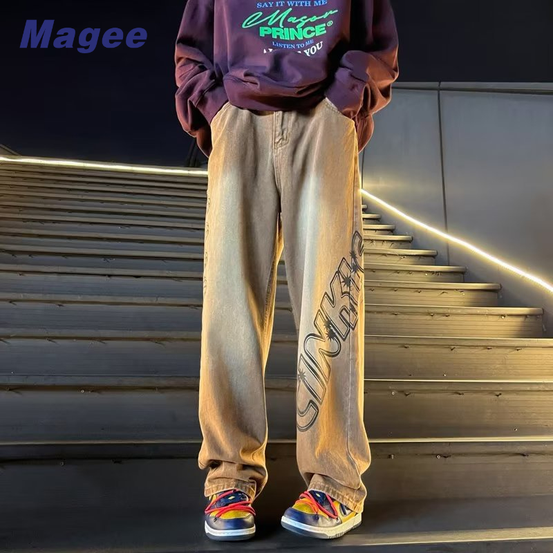 Quần Jean Ống Rộng In Chữ Phong Cách Retro Thời Trang Xuân Thu Cho Nam