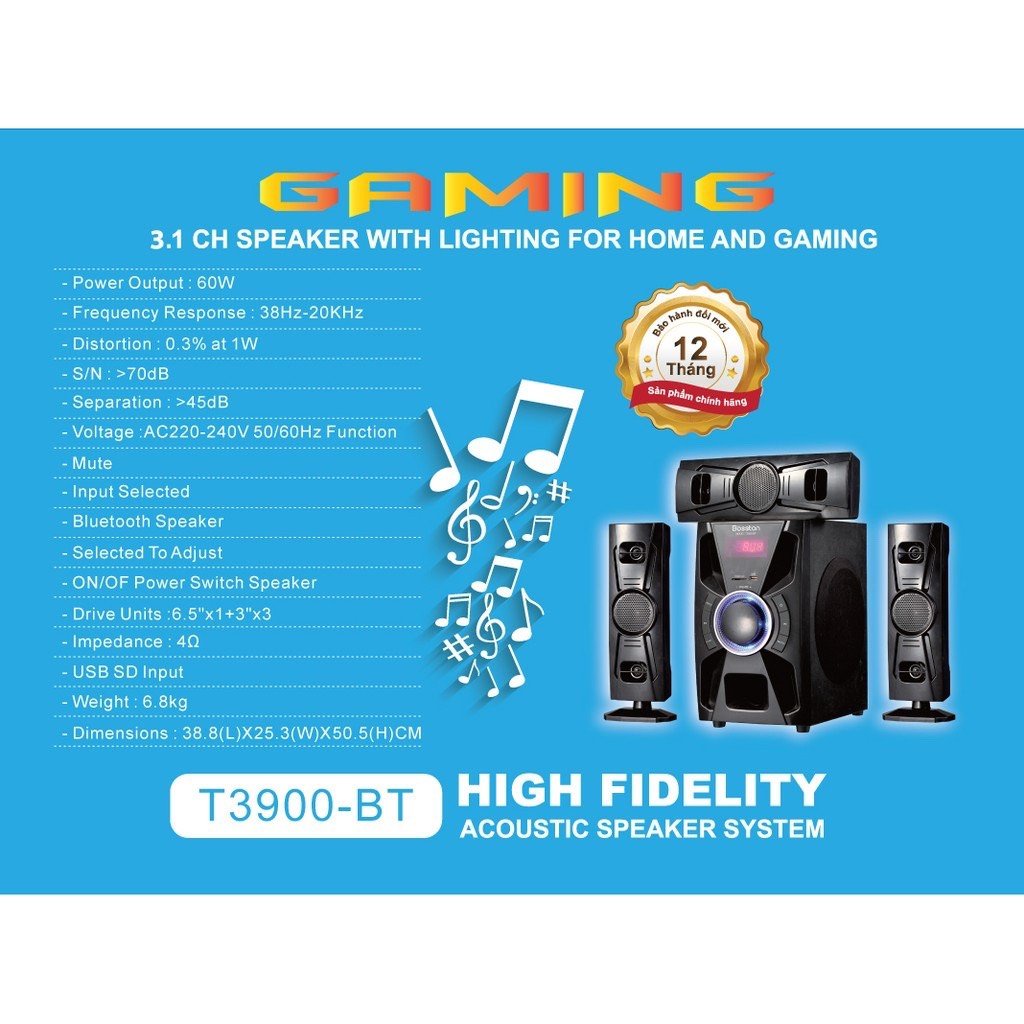 Loa Máy Vi Tính Bosston 3.1 T3900-BT Led RGB Kết Nối Bluetooth Công Suất 60W Tích Hợp USB, Thẻ Nhớ, FM