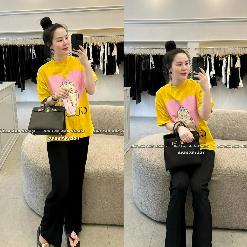 Set Bộ Đồ Nữ Áo Phông Mèo GUCCI Mix Quần tăm Ly Suông Ống Rộng Freesize