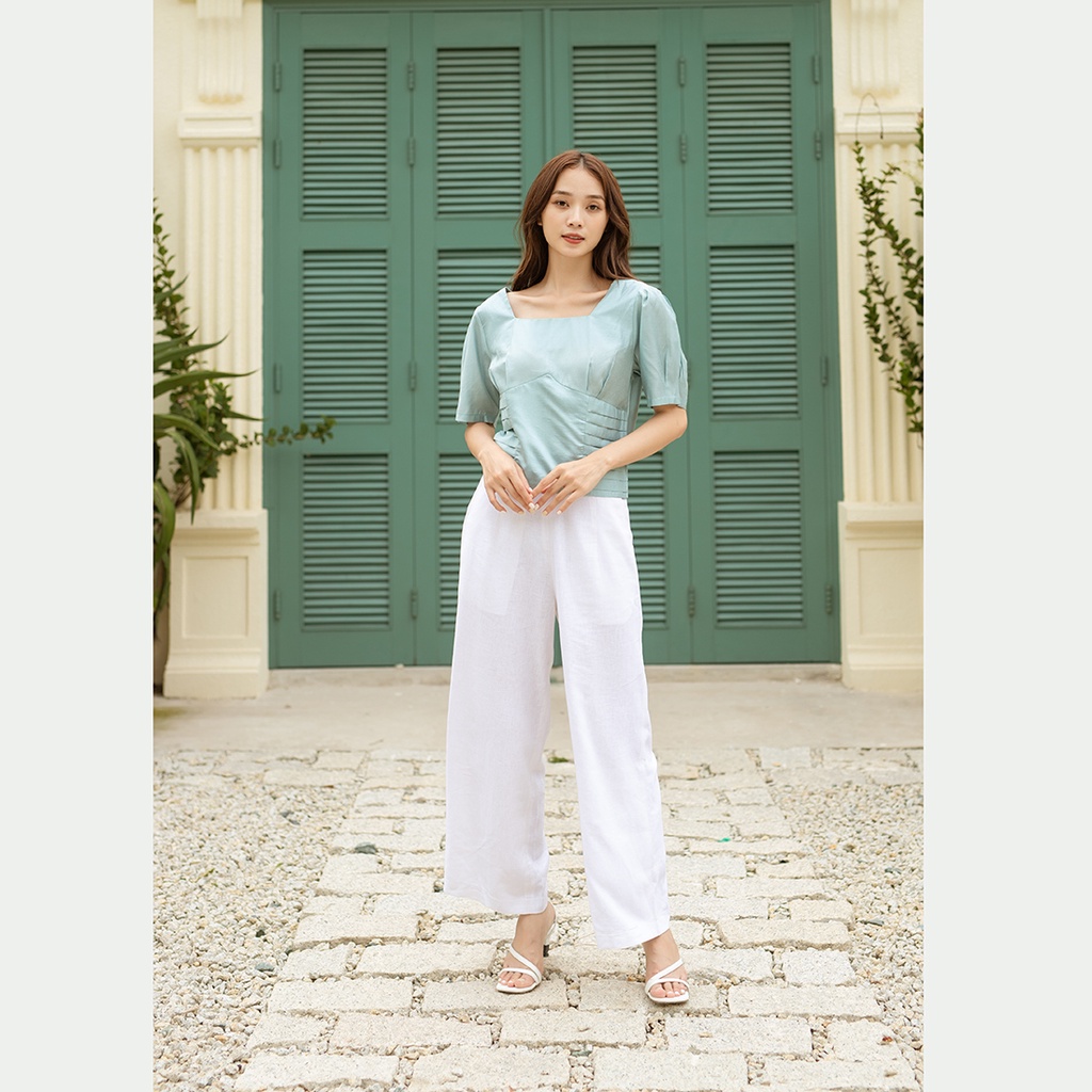 Áo kiểu nữ công sở cổ vuông xếp ly eo thời trang Eden phom tay ngắn dây kéo sau lưng - ASM182