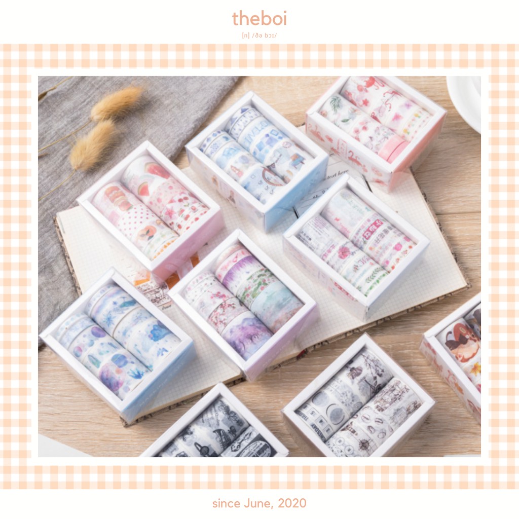 Set 10 Cuộn Băng Keo Washi Tape Màu Pastel Trang Trí Sổ Bullet Journal