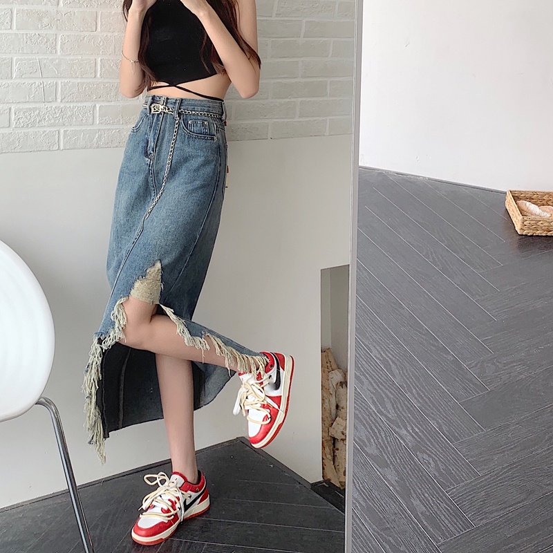 Chân váy ZHELIHANGFEI denim dáng chữ A lưng cao thiết kế xẻ rách cá tính quyến rũ